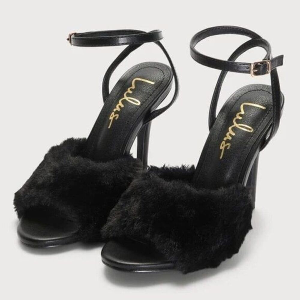 Lulu's Women Faux Fur Ankle Strap High Heel Sandals Cocktail Party Black NEW
